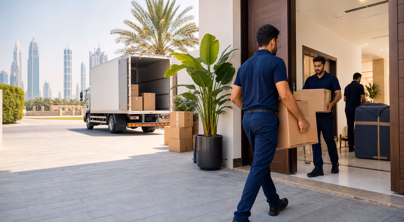 Professional movers carrying packed boxes into a Dubai villa with a moving truck outside